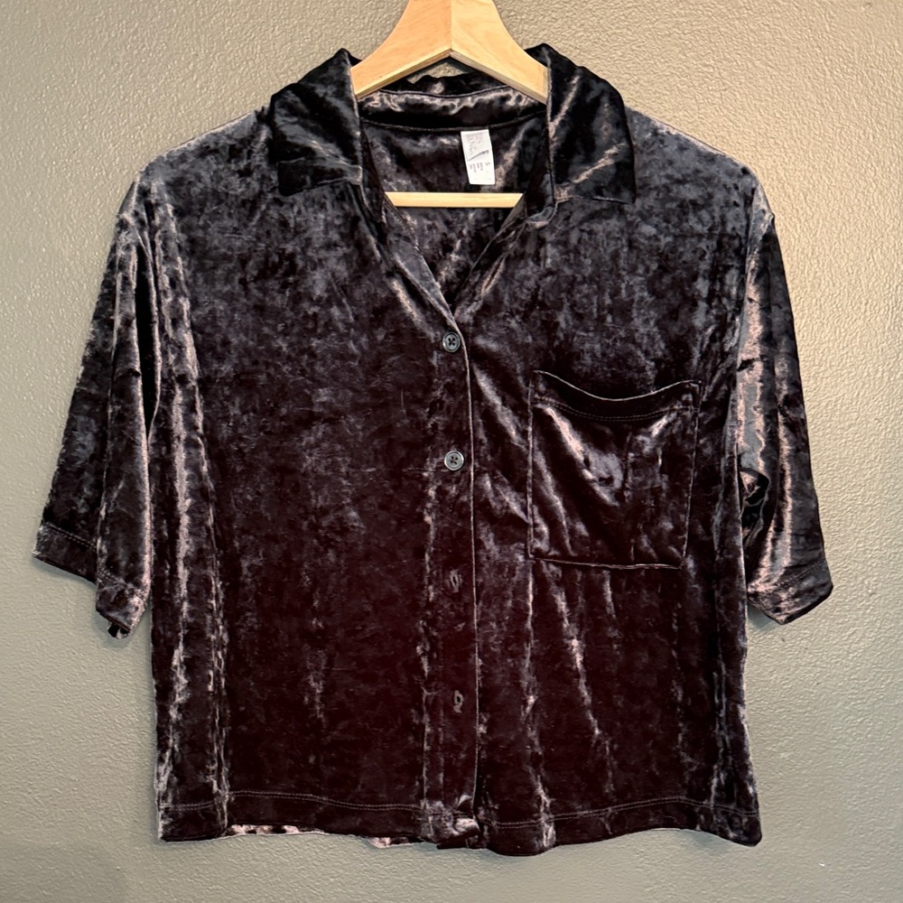 Stars Above Black Velvet Two-Piece top button up Pajama Set - Picture 3 of 9